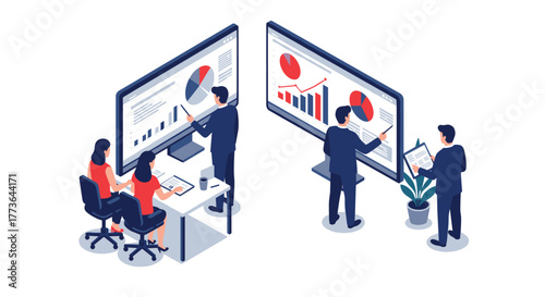 Business team analyzing data on interactive screens in isometric style