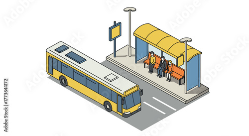 Isometric public transport scene with bus and covered bus stop