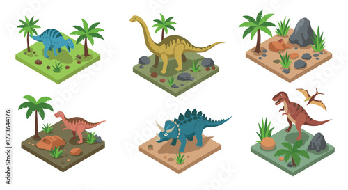 Colorful isometric dinosaur scenes featuring prehistoric wildlife and nature