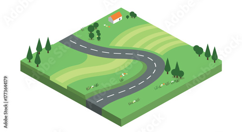 Charming isometric countryside landscape with winding road and green fields