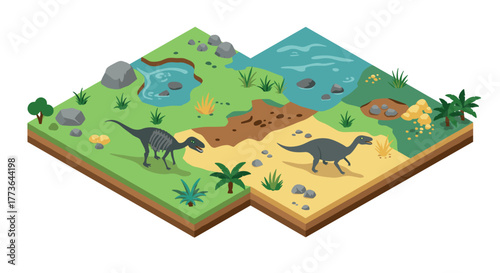 Isometric dinosaur landscape with prehistoric creatures in diverse environments