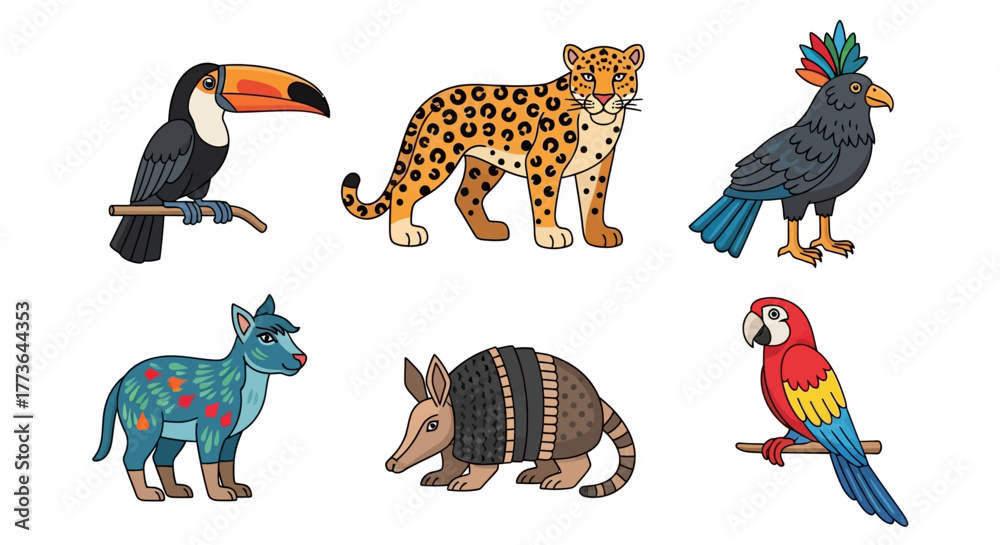 Naklejka premium Collection six colorful cartoon animals including toucan, jaguar, macaw, armadillo, and two other unique creatures, all isolated on