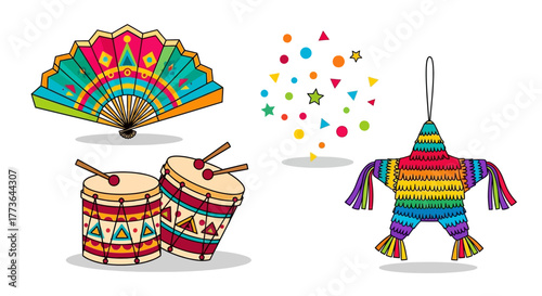 Assortment colorful mexican celebration items including fan, drums, confetti, and donkey piata