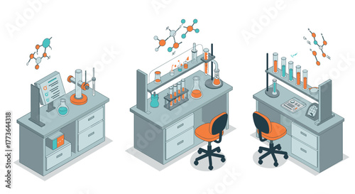 Modern isometric chemistry lab with equipment and molecular models