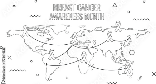 Breast Cancer Awareness Month World Map with Ribbons Connecting Continents and Geometric Graphics