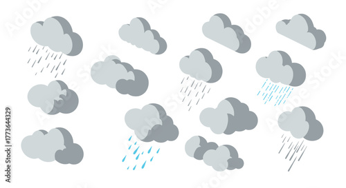 Isometric cloud set with rain: weather icons for forecast presentations