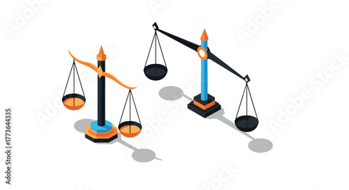 Isometric balance scales with orange and blue accents on white background