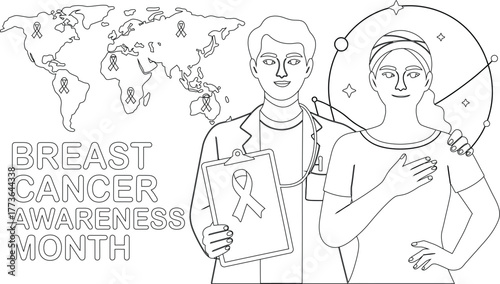 Breast Cancer Awareness Month World Map, Doctor, and Patient Line Art Illustration for Coloring