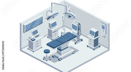 Modern isometric operating room with advanced medical equipment setup
