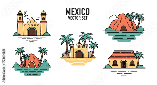 Set mexican illustrations featuring iconic landmarks like churches, pyramids, and traditional houses, with palm trees and water elements