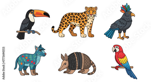 Collection six colorful cartoon animals including toucan, jaguar, macaw, armadillo, and two other unique creatures, all isolated on