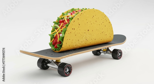 Realistic taco filled with fresh ingredients, balanced precariously on skateboard, suggesting fusion food and extreme sports, isolated on