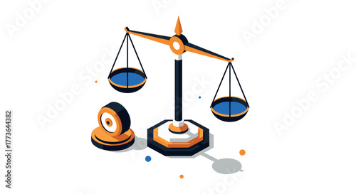 Isometric balance scale and weights with 3d shadows in orange and blue design