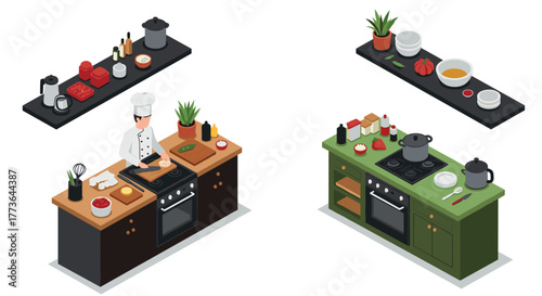 Isometric kitchen interior with chef cooking and shelves of ingredients