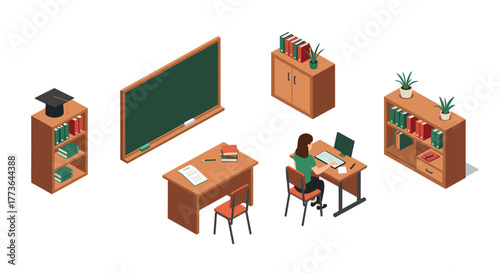 Isometric classroom interior with desk and bookshelves