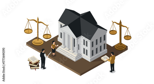 Isometric courthouse with lawyers and scales of justice in a legal setting