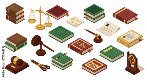 Isometric legal icons: books, scales, gavel, and documents set