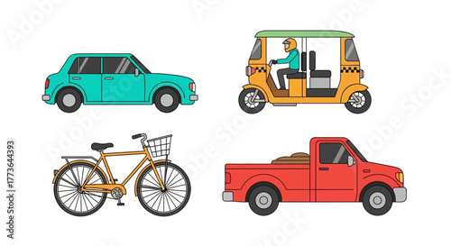 Collection diverse vehicles including teal sedan, yellow tuktuk taxi with driver, red pickup truck, and vintage bicycle