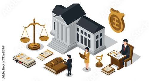 Isometric courtroom elements with judge, lawyer, scales, gavel, and legal documents