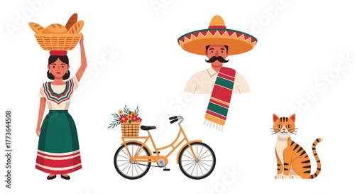 Charming scene depicting mexican culture with woman carrying basket, man in sombrero, bicycle with flowers, and tabby cat, all isolated on