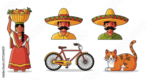 Traditional mexican woman carrying basket fruit on her head, two men in sombreros, bicycle, and cat, all