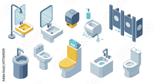 Isometric bathroom elements collection: sinks, toilets, urinals, mirrors, and dispensers