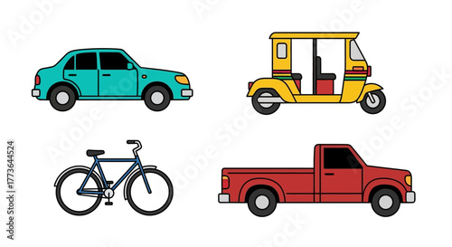 Collection vehicles including sedan car, tuktuk, bicycle, and pickup truck, all