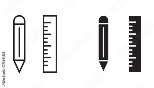 Ruler and pencil linear icon set. Thin line illustration. Drawing and drafting tools