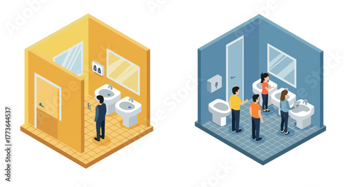 Isometric public restroom design: comparative hygiene and accessibility features