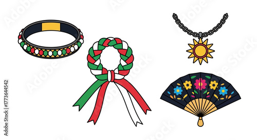 Collection mexican cultural symbols including bracelet, ribbon rosette, necklace with sun pendant, and decorative fan, presented as flat illustrations isolated on for patriotic or festive themes
