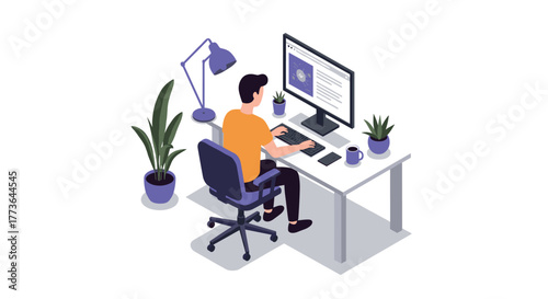 Isometric home office setup with man working on computer surrounded by plants and accessories