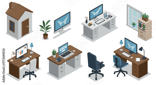 Modern isometric home office setup with desks, computers, and chairs