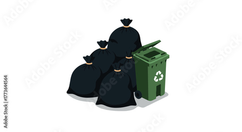 Green bin with recycling symbol and black trash bags in isometric design
