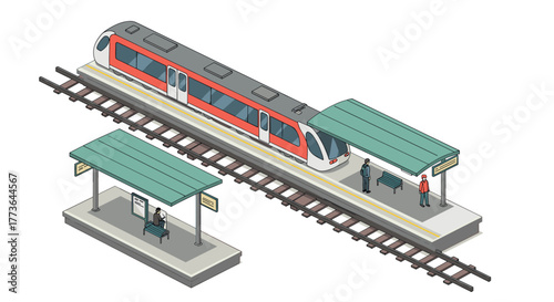 Modern commuter train at station in isometric style with passengers waiting