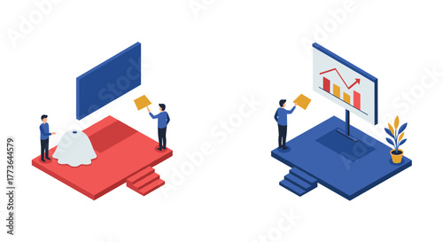 Isometric business presentation: analyzing data trends in 3d style
