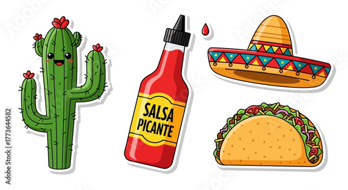 Cute cartoon mexican cultural icons including smiling cactus, bottle salsa picante, sombrero, and taco, all isolated on, perfect for festive designs and culinary themes