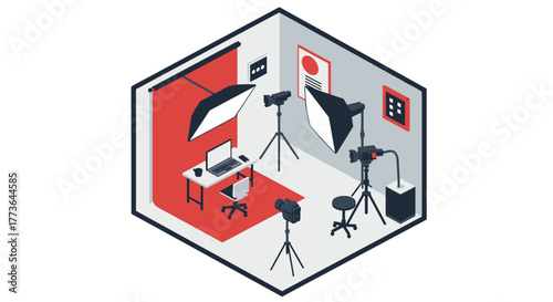 Isometric photography studio setup with modern equipment and lighting