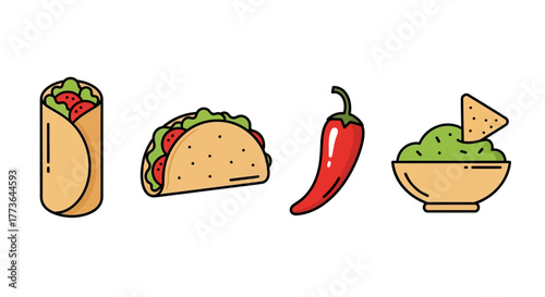 Collection mexican food icons including burrito, taco, chili pepper, and guacamole