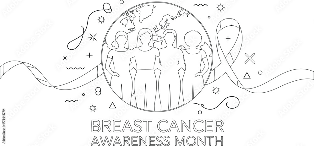 Obraz premium Breast Cancer Awareness Month Outline with Women, Earth, and Ribbon for Coloring Pages