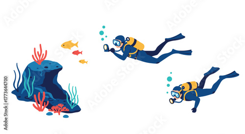 Underwater exploration: divers observing marine life around coral reef