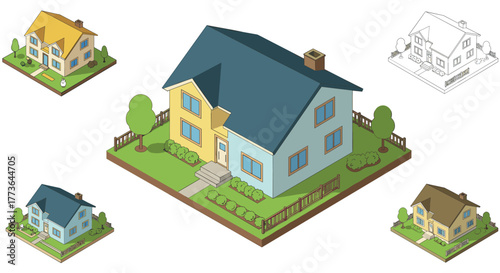 Isometric house design variations with colorful exteriors and landscaping elements