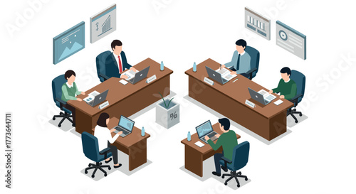 Isometric office workspace with diverse team collaborating at desks