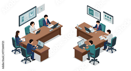 Isometric office meeting: team collaboration in a modern workspace