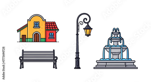 Mexican village scene with house, lamppost, bench, and fountain on
