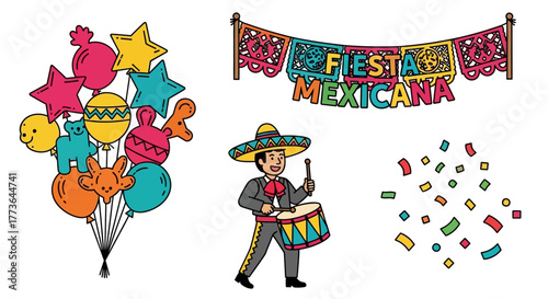 Fiesta mexicana celebration with balloons, mariachi musician, and confetti on