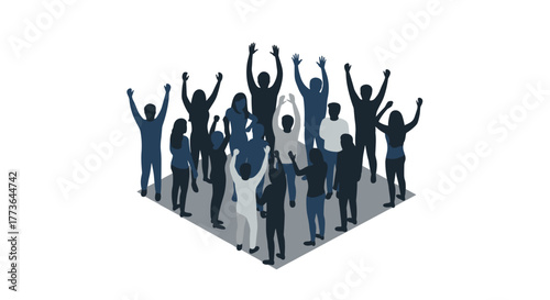 Isometric crowd of diverse people celebrating with raised arms