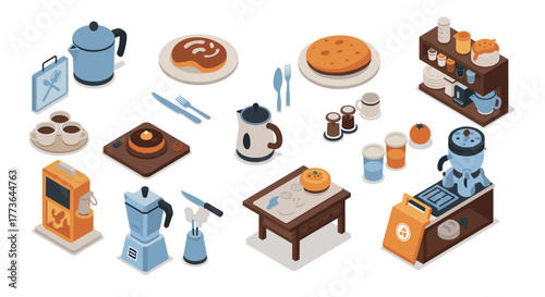 Isometric kitchen items and coffee equipment for modern cafes