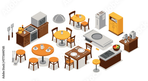 Isometric kitchen appliances and furniture set for modern interior design