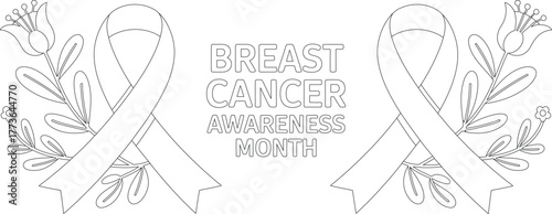 Breast Cancer Awareness Month Outlined with Ribbons and Flowers Illustration for Coloring Page