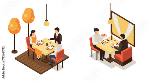 Isometric restaurant dining scene with couples enjoying meals indoors and outdoors